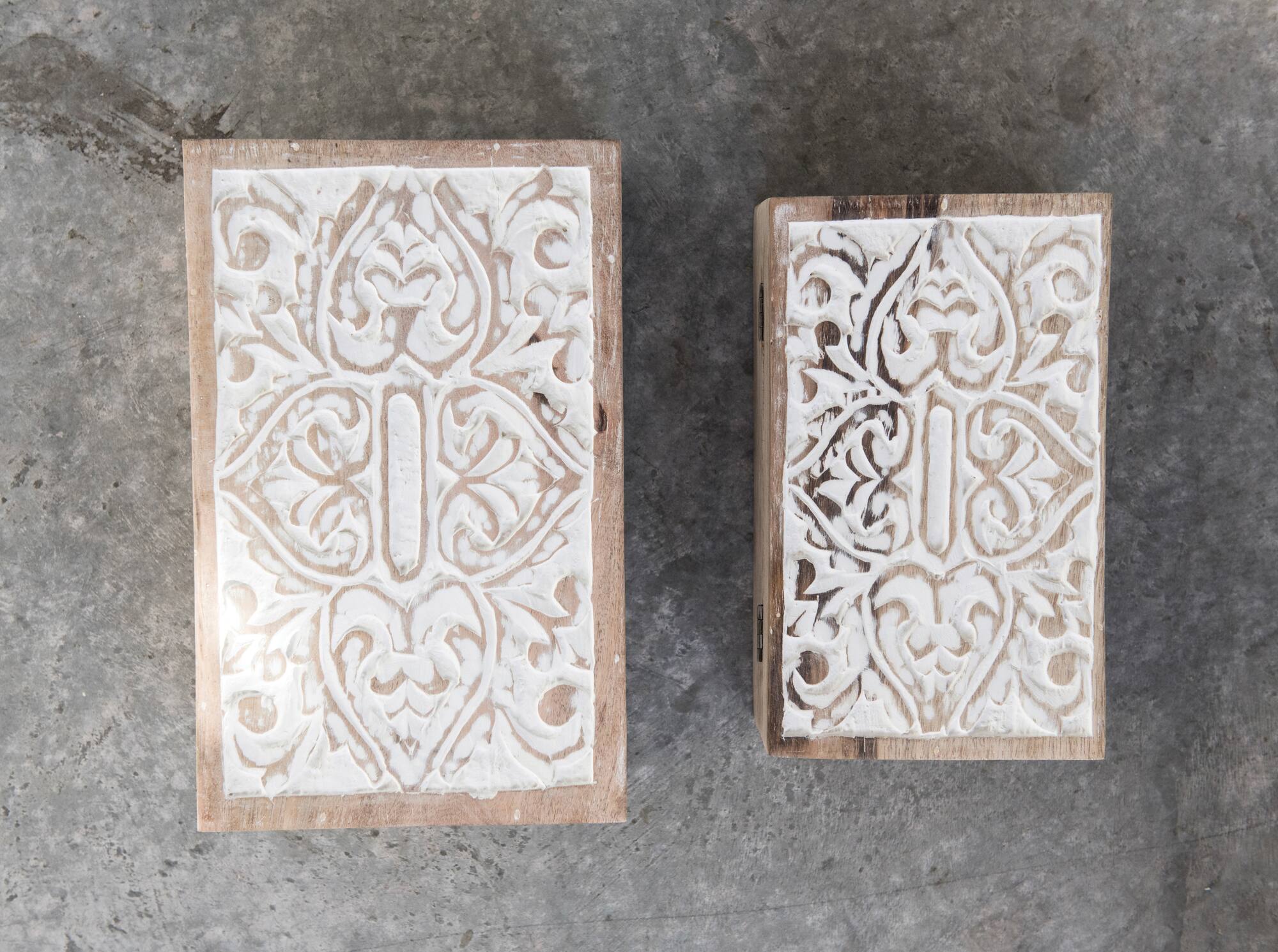 Hello Honey® Handcarved & Whitewashed Mango Wood Box Set